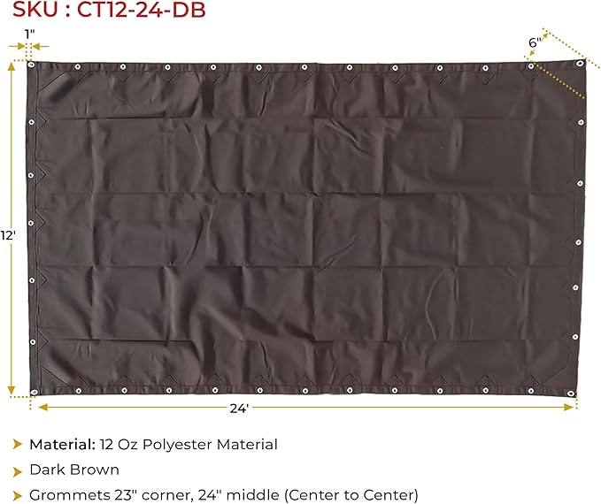 Mytee Products 12' x 24' Dark Brown 12oz Canvas Tarp with Grommets - Water Resistant - Heavy Duty Canvas Tarps - Multipurpose Tarpaulin Cover for Canopy Tent, Roof, Camping, Semi Trucks & Cargo