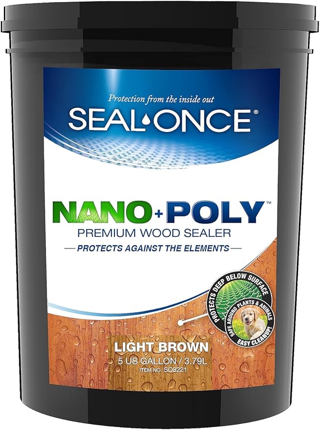 Seal-Once Nano+Poly Penetrating Wood Sealer with Polyurethane - Premium Waterproof Sealant - 5 Gallon & Light Brown