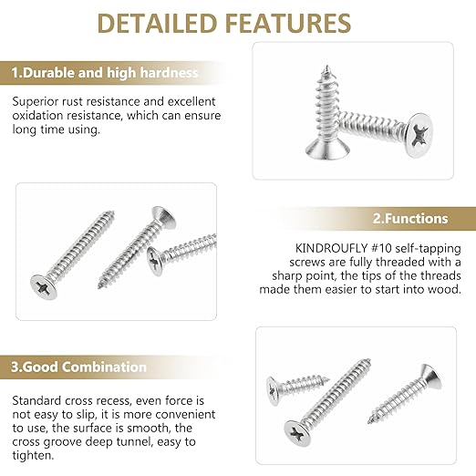112 Pieces #10 x 1/2" 3/4" 1" 1-1/4" 1-1/2" Phillips Countersunk Head Self-Tapping Screws, Wood Screws Assortment Kit, 304 Stainless Steel