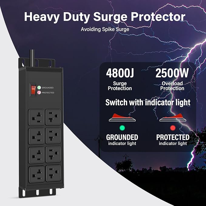 CCCEI Black Heavy Duty Power Strip Surge Protector 20 AMP, 8 Outlets 12 Gauge Industrial Shop Garage Metal Multiple Outlets, 20 FT Extension Cord 5-15P Adapter High Amp 6-20R T-Slot 20a for Appliance