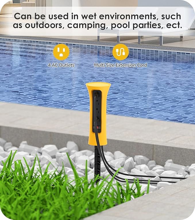 CCCEI Outdoor Power Strip Weatherproof with Stake, Waterproof Extension Cord with Multiple Outlets, Christmas Exterior Garden Decor, Yard, Camping, 4 Plugs, Surge Protector 15FT, Yellow.