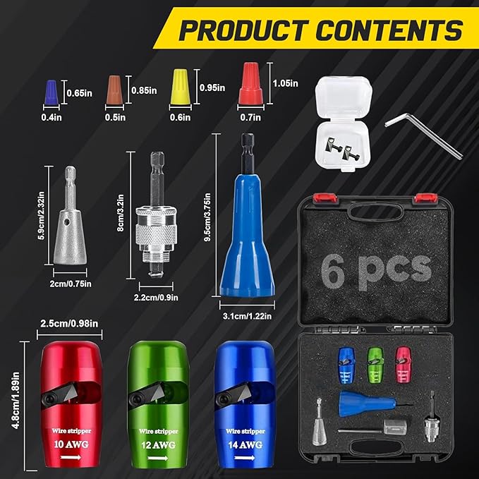 Wire Stripper for Drill - 2025 Upgraded Electric Wire Stripping and Twisting Tool for AWG 14-12-10, Wire Stripper Tool for Power Drill, Nut Twister Stripping and Connector Kit (6PCS)