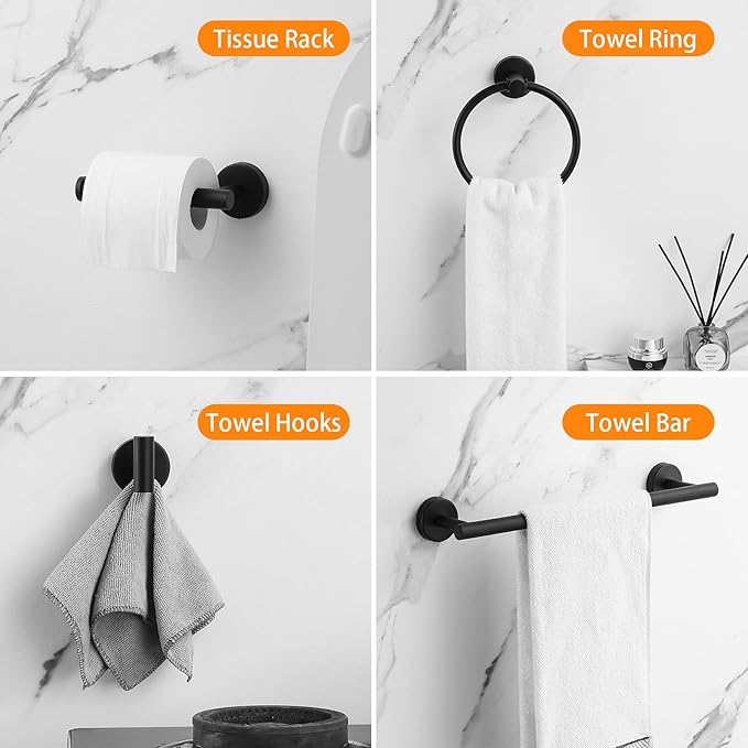 Bathroom Hardware Set Black 10 Pieces, Towel Bar Set Matte Black Stainless Steel Towel Rack Set Includes 2PCS 16'' Towel bar, 4PCS Towel Hooks, 2PCS Toilet Paper Holder and 2PCS Towel Ring