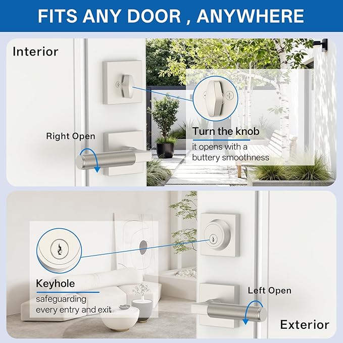 Amerdeco Front Door Lock Set with Double Cylinder Deadbolt, Exterior Entry Door Lever, Heavy Duty Entry Door Locksets for Left or Right Hand Exterior Door(Brushed Satin Nickel 2 Pack)