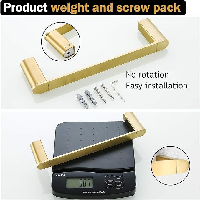 RANDOM 12 inch Brushed Gold Towel Bar,Bathroom Hardware Accessories Towel Rack,for Bathroom Kitchen SUS 304 Stainless Steel,Contemporary Style Wall-Mounted Hand Towel Holder 96026-2-12BG.