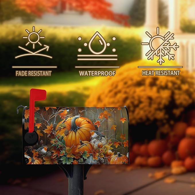 Fall Pumpkin Mailbox Covers Magnetic Standard Size 21x18 Inch Autumn Maple Leaves Birds Mail Box Cover Seasonal Farmhouse Post Letter Box Wraps for Outdoor Garden Decor