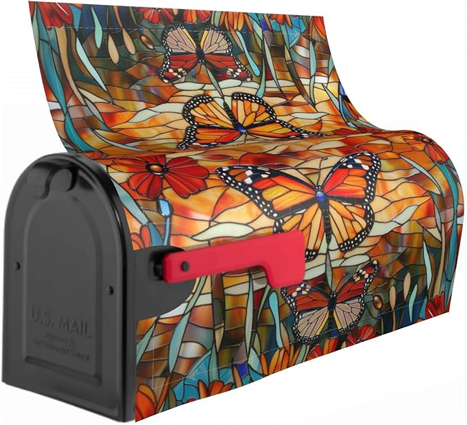 Giwawa Stained Glass Monarch Butterfly Magnetic for Fall Mailbox Cover Large Autumn Mail Box Covers Oversized 25.5 x 21 Thanksgiving Decorations Outdoor Welcome Mailbox Wrap