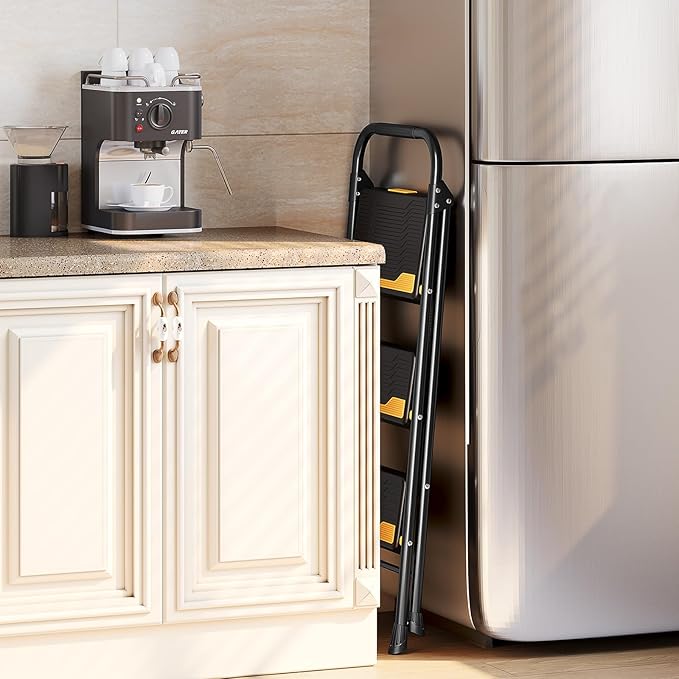 3 Step Ladder, Heavy-Duty 800lb Capacity, Wide Anti-Slip Steps & Secure Handrail Compact, Folding Step Stool Portable Design for Home, Kitchen, Office, Pantry, Closet Use, Black