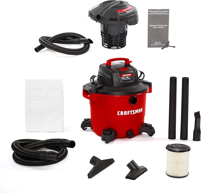 CRAFTSMAN CMXEVBE17595 16 Gallon 6.5 Peak HP Heavy Duty Wet/Dry Shop Vac with Filter, Dust Bag, Hose, Attachments and CMXEVBE17678 1.75 Peak HP Wet/Dry Shop Vac Powerhead with Filter Bag and Hose