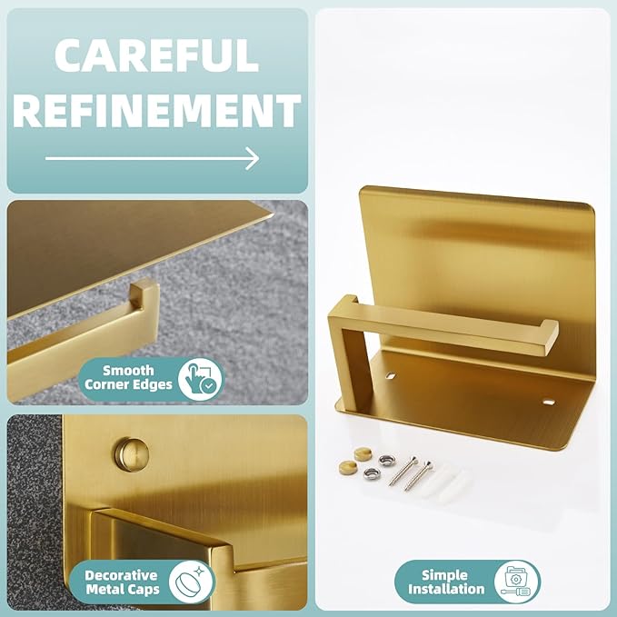 Toilet Paper Holder with Shelf Brushed Gold, APLusee SUS 304 Stainless Steel Modern Bathroom Accessories Tissue Roll Dispenser Storage