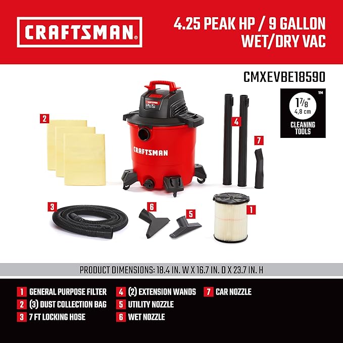 CRAFTSMAN CMXEVBE18590 9 Gallon 4.25 Peak HP Wet/Dry Shop Vac, Portable Shop Vacuum Wet and Dry with Filter, 3 Dust Bags, Hose and Attachments for Home, Garage and Automotive Cleaning