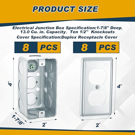 8 Set 4 x 2 Inch Electrical Junction Box with Cover Square Plenum Box Galvanized Steel Metal Outlet Boxes, Ten 1/2'' Knockouts, 1-7/8" Deep, 13 Cu. in. Capacity (Duplex Receptacle Cover)