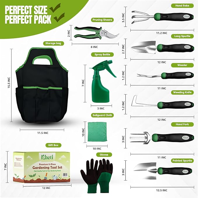 KHETI 𝗡𝗲𝘄𝗲𝘀𝘁 11-Piece Heavy Duty Stainless Steel Garden Tool Set – Includes Spade, Shovel & More, Perfect for Digging & Plant Care, Ideal Gift for Women & Mothers