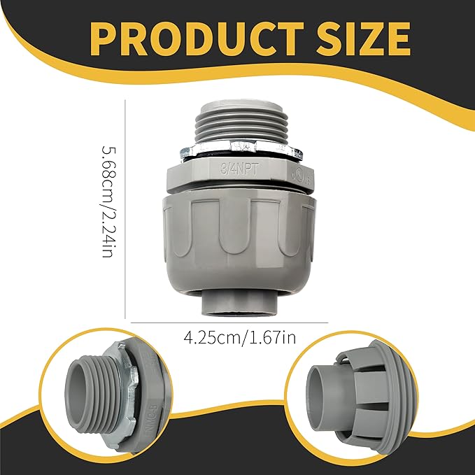 Conduit Connectors, 3/4 Inch Liquid Tight Connector NPT Non-Metallic for PVC Electrical Flexible Conduit Fittings, 180 Degree Straight, UL Listed for Home Outdoor Tubes Tools, Grey (5-Pack)