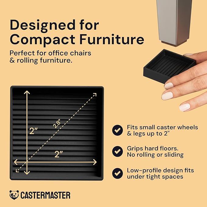 CasterMaster Anti Slip Furniture Pads & Caster Cups - 2" x 2" Black (Pack of 4) - Couch Leg Floor Protectors for Hardwood, Tile & Vinyl Floors - Rubber Feet & Floor Protectors for Chairs