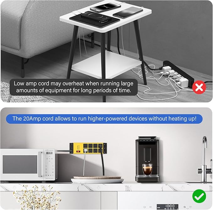 CCCEI Magnetic Heavy Duty Power Strip Surge Protector 20Amp, 12 Gauge High Amp Extension Outlets, Garage Wall Mount 8 Plug Metal Power Strip. 15FT, Yellow, 5-15P Adapter 6-20R T-Slot 20a for Appliance