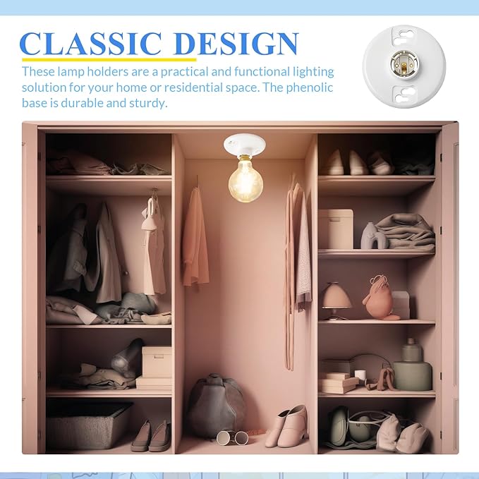 2 Pcs Medium Base E26 Lamp Holder Ceiling Light Sockets White Bulb Socket Incandescent Fluorescent CFL Lamp Holder 660w 250v (Phenolic Resin)