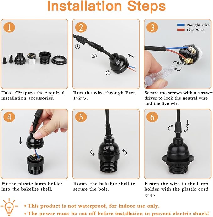 8 Pack E26 E27 Light Sockets, Black Medium Screw Base with Shade Ring, Retro Period Style Edison Lamp Holder, Replacement DIY Making Light Bulb Socket Cover Pendant Lamp Holder Keyless Lamp
