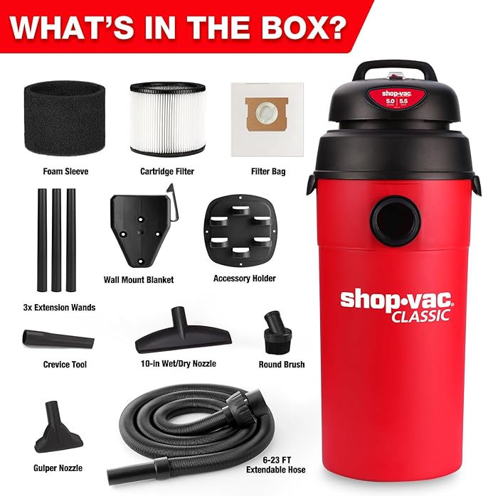 Shop-Vac 5 Gallon 5.5 Peak HP Wet/Dry Vacuum, Wall Mountable Compact Shop Vacuum with 6-23' Extra Long Hose & Attachments, Ideal for Jobsite, Garage, Car & Workshop. 9522236