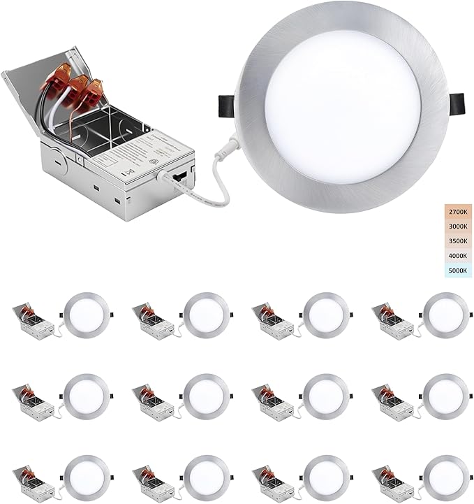 6-inch LED Recessed Lights - Slim Recessed Ceiling Light with Junction Box, 12W 5CCT Canless Lighting Fixture, Dimmable, Easy Install for Bedroom, Kitchen, Living Room, 12 Pack, Brushed Nickel