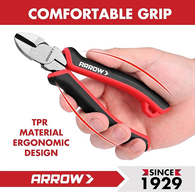 ARROW High Leverage Diagonal Pliers, 6 Inch Wire Cutters with Comfortable TPR Handle, High Carbon Steel Side Cutters for Cutting Wire