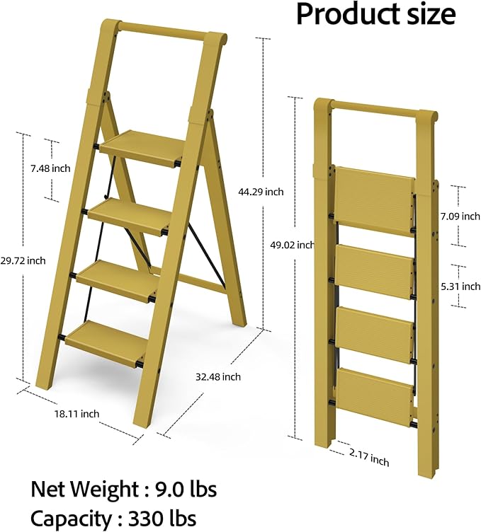 Taranta 4 Step Ladder, Lightweight Aluminum Step Stool with Convenient Handgrip, Folding Ladder with Anti-Slip Pedals, 330lbs Capacity Stepladder for Home, Office, Kitchen - Twilight Yellow