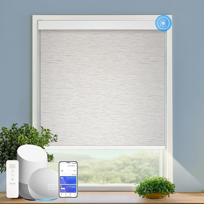 Motorized Blinds with Remote Cordless Automatic Motorized Shades Custom Blinds for Windows Smart Curtains Compatible with Alexa Google Home(Light Filtering Jacquard Beige,W61 x H72in)