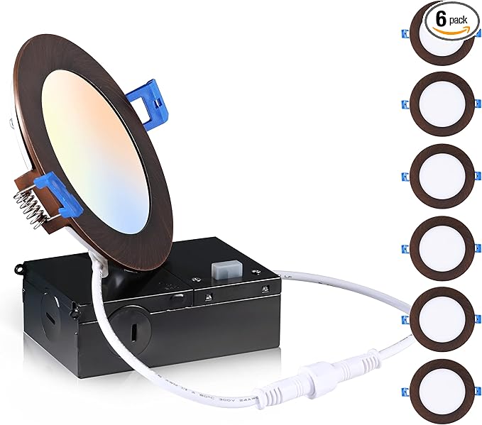 CLOUDY BAY Ultra Thin LED Recessed Ceiling Light,4 inch 3000K/ 4000K/ 5000K,Dimmable 10W CRI90+,Canless Light with Junction Box,IC Rated, Canless Wafer Downlight,Oil Rubbed Bronze,Damp Rated,6 Pack