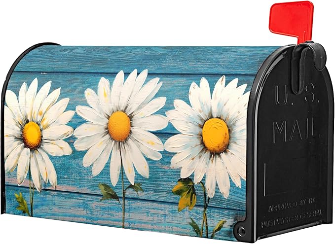 Spring Daisy Rustic Blue Wood Board Mailbox Covers Magnetic Standard Size 21x18 Inch Vintage Floral Summer Waterproof Mail Box Wraps Post Letter Box Covers Garden Yard Outdoor Decor