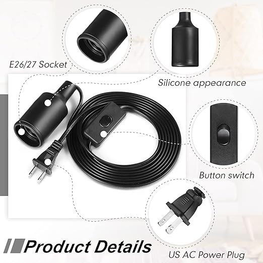10 Pack Hanging Light Cord Pendant Light Cord with Switch Light Socket Extension Light Bulb Socket Cable Lamp Kit for E26 E27 Lamp Socket Lantern (Black,9.8 Feet)