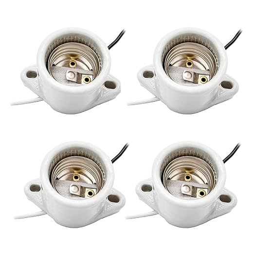 4-Pack E26 Ceramic Light Sockets - 600V 660W Heat-Resistant Lamp Holder with 2-Hole Flange Mount & 6" 18AWG Wire for Garage/Closet Ceiling Lighting (White)