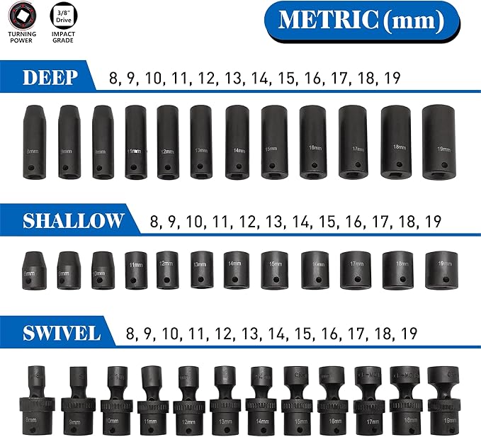 MacWork 67 Pieces 3/8“ Drive Impact Socket Set, SAE and Metric Sockets, CR-V & CR-Mo, Complete Socket Set with Shallow, Deep & Swivel Sockets, Includes Ratchet, Extension Bars & Adapters