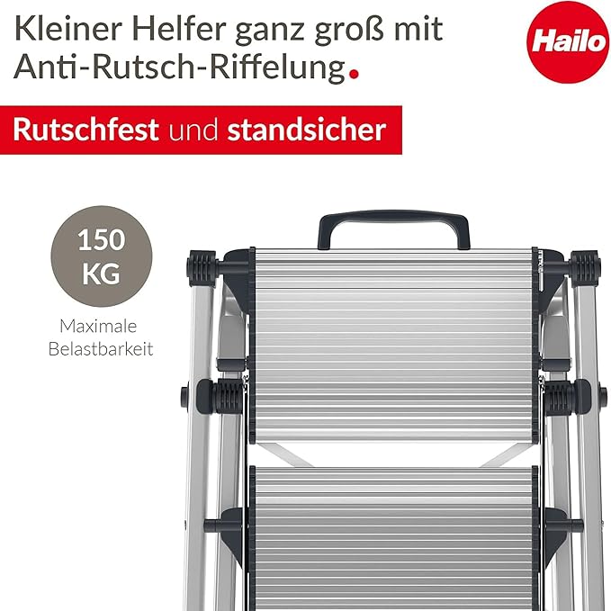 Hailo MK80 Mini Steel Step Stool - Two Large Anti-Slip Steps, 330 lb Capacity - Safety Release Button, Carry Handle - Easy Storage - Silver