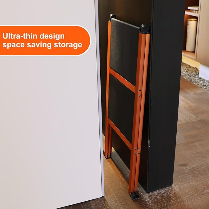 2 Step Ladder,Aluminum Ultra Thin Folding Step Stool,400 Lbs Capacity Heavy Duty with Anti-Slip Sturdy and Wide Tread,Closet Slim Step for Home,Kitchen and Office,Space Saving (Orange, 2-Step)