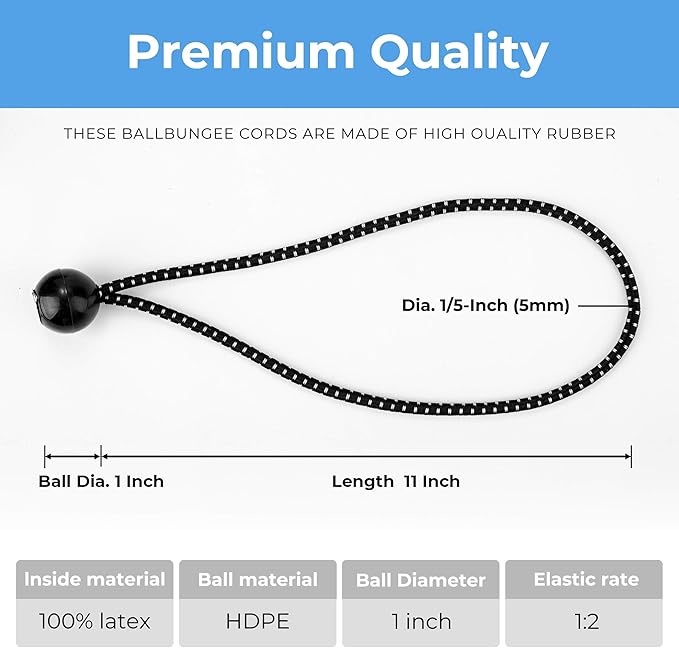 Cartman 90 Pack 11 Inch Ball Bungee Cords Canopy Ties with Elastic String for Canopy, Tarp, Straps, Tent, Black
