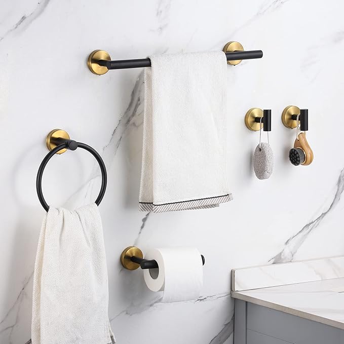 Bathroom Hardware Set Black and Gold,Towel Bar Set Including 2pcs 16inch Towel Bars, 2pcs Toilet Paper Holders, 2pcs Towel Rings and 4pcs Robe Towel Hooks