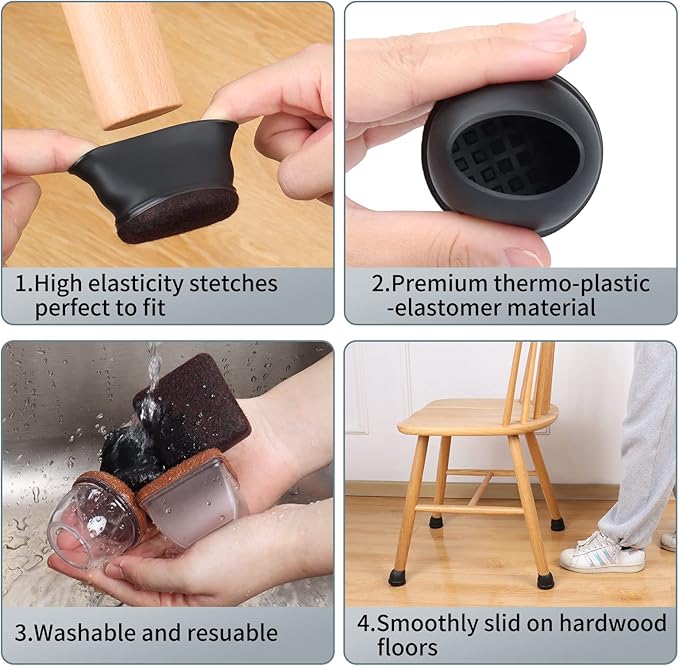 Ezprotekt 8 Pcs Extra Large Chair Leg Protectors with Felt, Silicone Felt Furniture Pads, Floor Protectors for Chair, Bar Stools Leg Protectors Caps, Table Leg Cups Covers (XL Fit: 1.4"-1.65", Black)