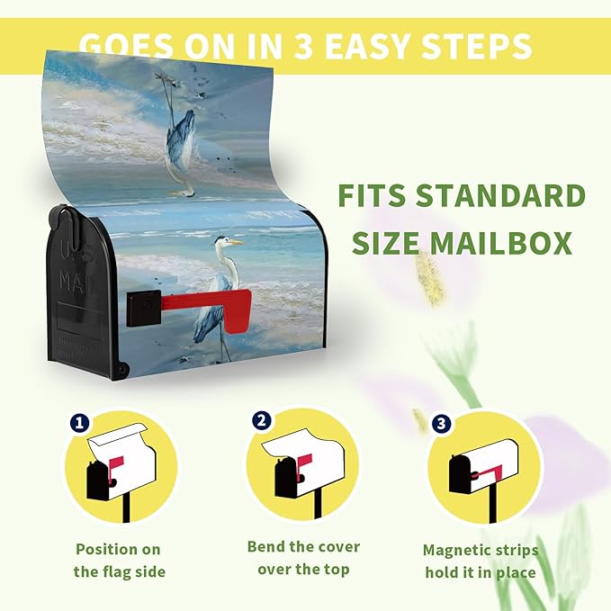 Heron Beach Mailbox Covers Oversized Summer Nautical Blue Mailbox Cover Magnetic Large Size 25.5x21 Inch Coastal Sea Bird Letter Post Box Wraps Decor for Garden Yard