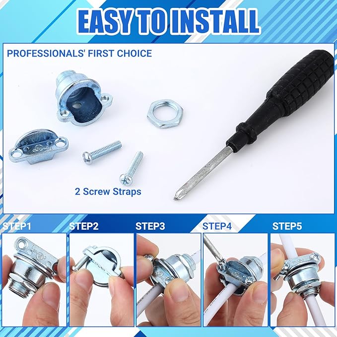 10 Pcs Nm Clamp Type Cable Connectors 1/4 Inch Metal Electrical Box Connectors Wire Clamps for Metallic Conduit Protect Cables Silver, Zinc Alloy