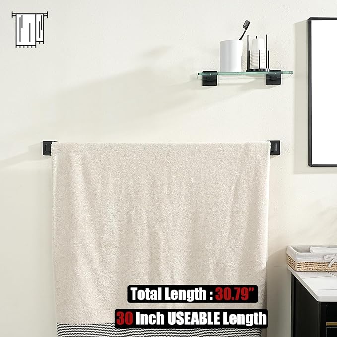 JQK Black Towel Bar, Rounded Edges 32.36 Inch Towel Rack, 304 Stainless Steel Bathroom Wall Mount, Useable Length 30 Inch, TB250L30-PB