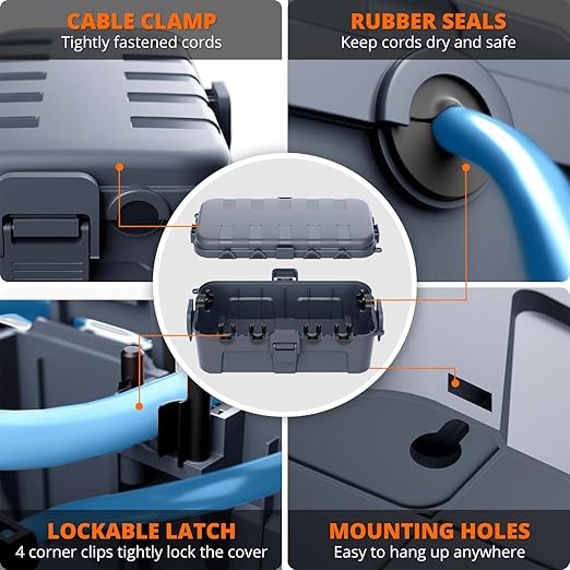 QUOBAS Outdoor Waterproof Electrical Box with 6 Cable Ports, IP54 Weatherproof Heavy-Duty Extension Cord Cover for Power Strips, Garden Power Tools, Holiday Lights, Gray