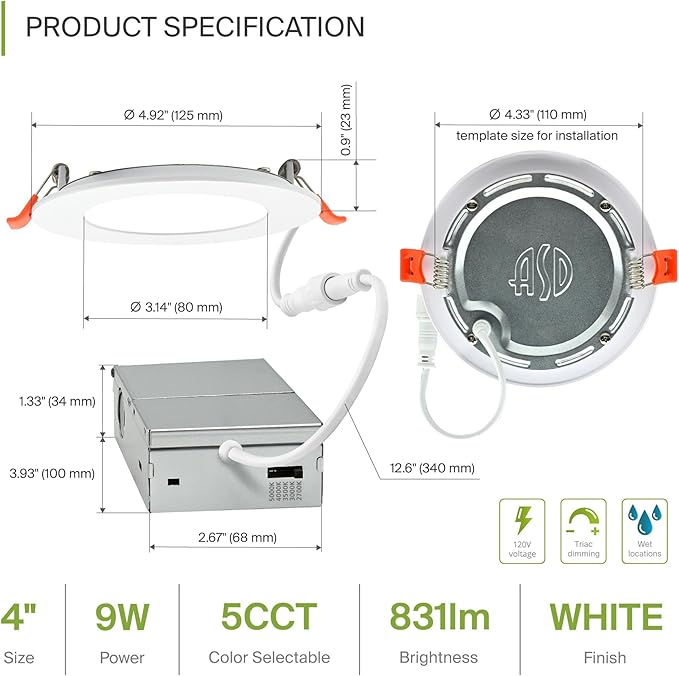 ASD 6 Pack LED Recessed Lighting 4 Inch 9W, 5 CCT 2700K-5000K CRI90+, IC Rated Ultra Thin Dimmable Ceiling Lights with J Box, Canless Wafer Downlight, Round Slim Panel Light, Energy Star ETL, White