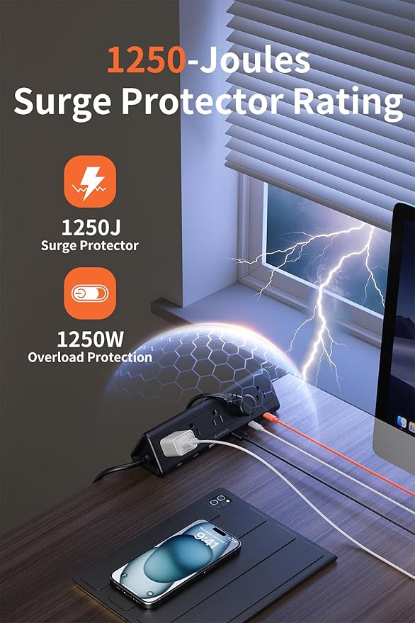10 FT Desk Clamp Power Strip with 5 AC Outlets & 6 USB Ports PD 40W USB-C Fast Charging, 1250J Surge Protector, Fits 2.6 in top Edge Black