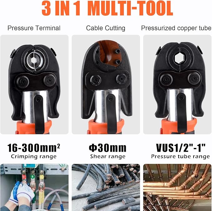 Multifunctional Electric Hydraulic Crimping Tool, 12 Ton 8AWG-600MCM and Pro Press Copper Crimper Tool with 1/2, 3/4, 1 Crimping Range, Hydraulic Cable Cutte φ25/32”Steel Wire Cutter 120KN