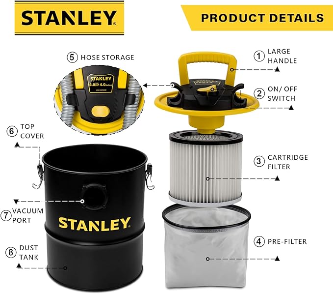 STANLEY Ash Vacuum Cleaner, Portable 4 Gallon Capacity Ash Vac Canister, Powerful 4 Peak HP Horsepower Motor, Ideal for Pellet Stoves, BBQ Grills, Wood Stoves, Fireplaces, Fire Pits, SL-18184