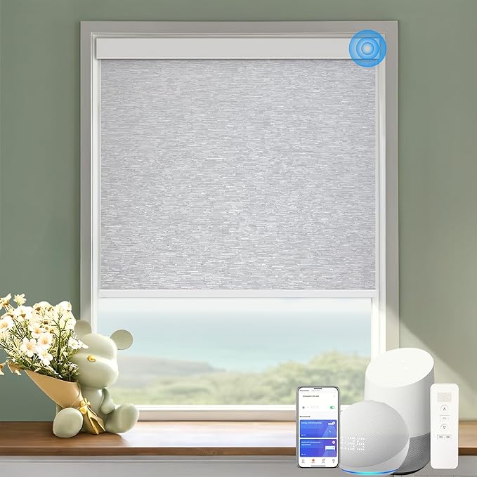 Motorized Blinds with Remote Cordless Automatic Motorized Shades Custom Blinds for Windows Smart Curtains Compatible with Alexa Google Home(Blackout Jacquard Grey,W53 x H72in)