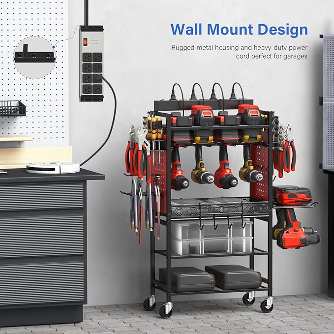 CCCEI Magnetic Heavy Duty Power Strip Surge Protector 20Amp, 12 Gauge High Amp Extension Outlets, Garage Wall Mount 8 Plug Metal Power Strip. 25FT, Grey, 5-15P Adapter 6-20R T-Slot 20a for Appliance