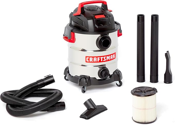 Craftsman CMXEVBE17155 10 Gallon 6.0 Peak HP Stainless Steel Wet Dry Vac, Portable Shop Vacuum Wet and Dry with Filter, Hose and Attachments for Home and Garage Use