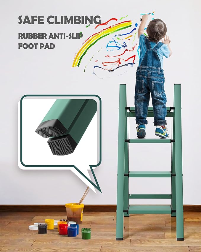 Taranta 4 Step Ladder,Aluminum Lightweight Folding 4 Step Stool with Anti-Slip Wide Pedal,330lbs Capacity Step Ladder for Household,Kitchen,Office - Green