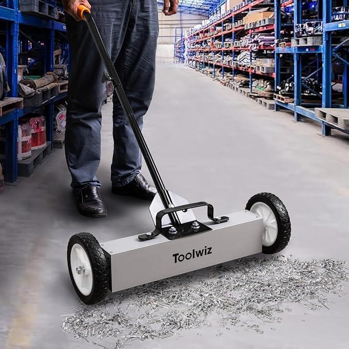 Toolwiz 18 Inches 26 Lbs Magnetic Sweeper Magnetic Pickup Tool with Wheels Telescoping Tool Holder with Quick Release Latch and Extension Handle Heavy Duty Metal Pick Up